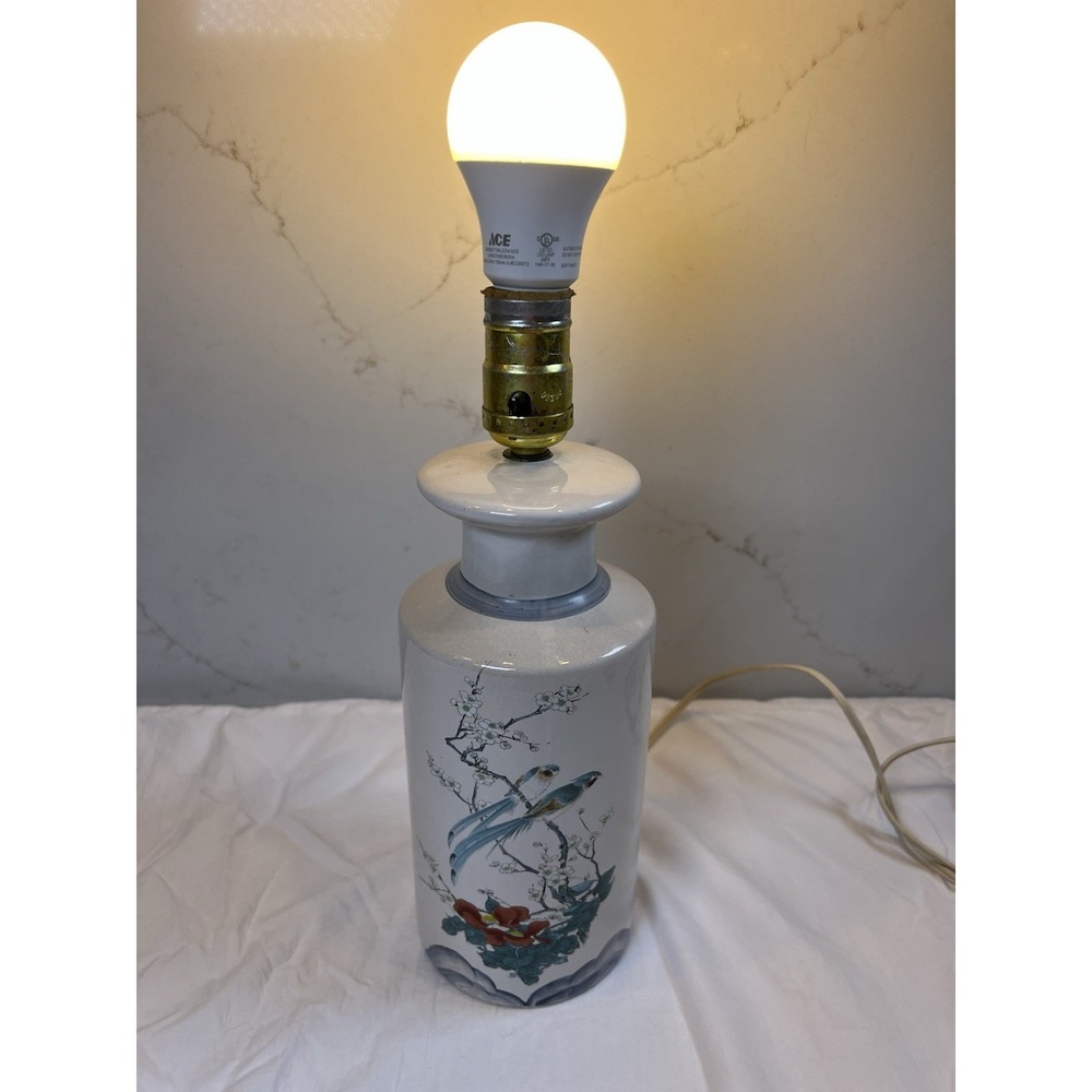 Chinese Hand Painted Ceramic Table Lamp Birds Floral 12" Asian Decor Vintage